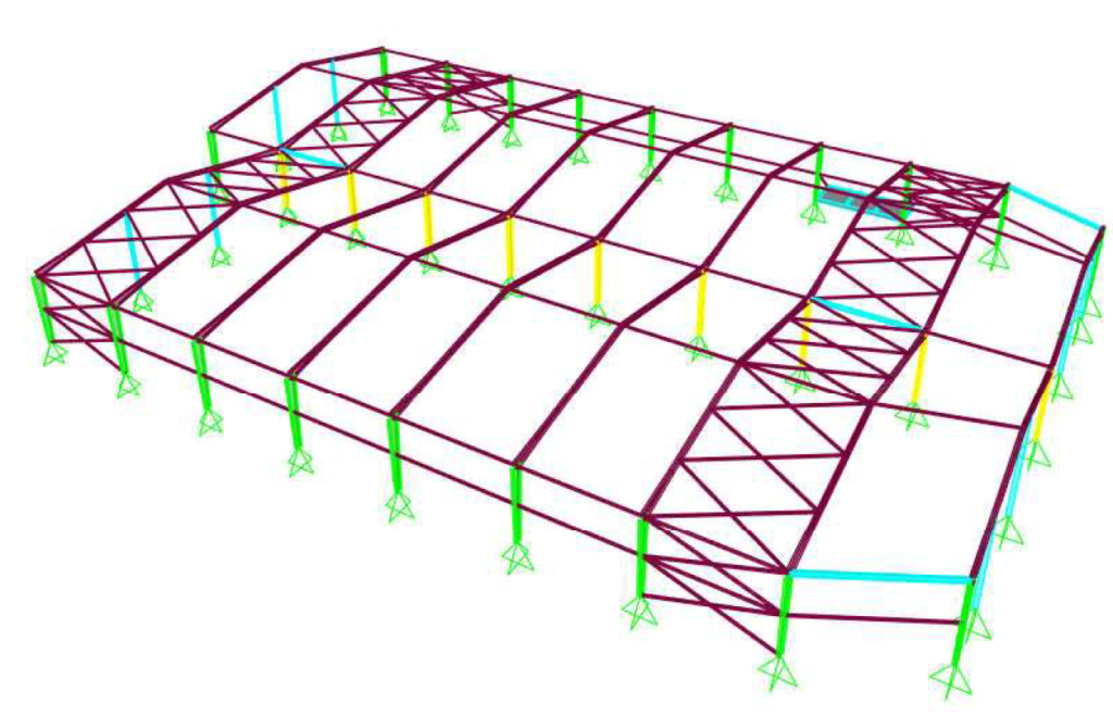 3D structural analysis model of a steel-framed industrial building
